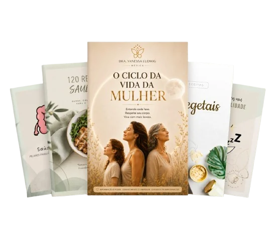 Capas dos e-books da Dra. Vanessa Ludwig, com O Ciclo da Vida da Mulher em destaque
