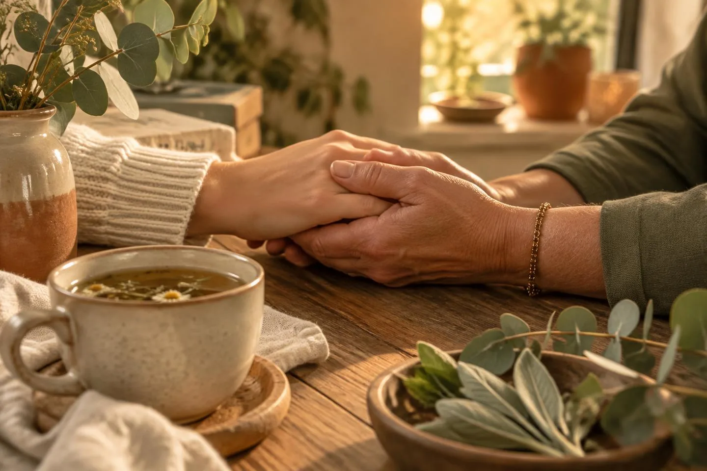 Mãos entrelaçadas sobre uma mesa de madeira, com chá de camomila e folhas de sálvia, num gesto de acolhimento